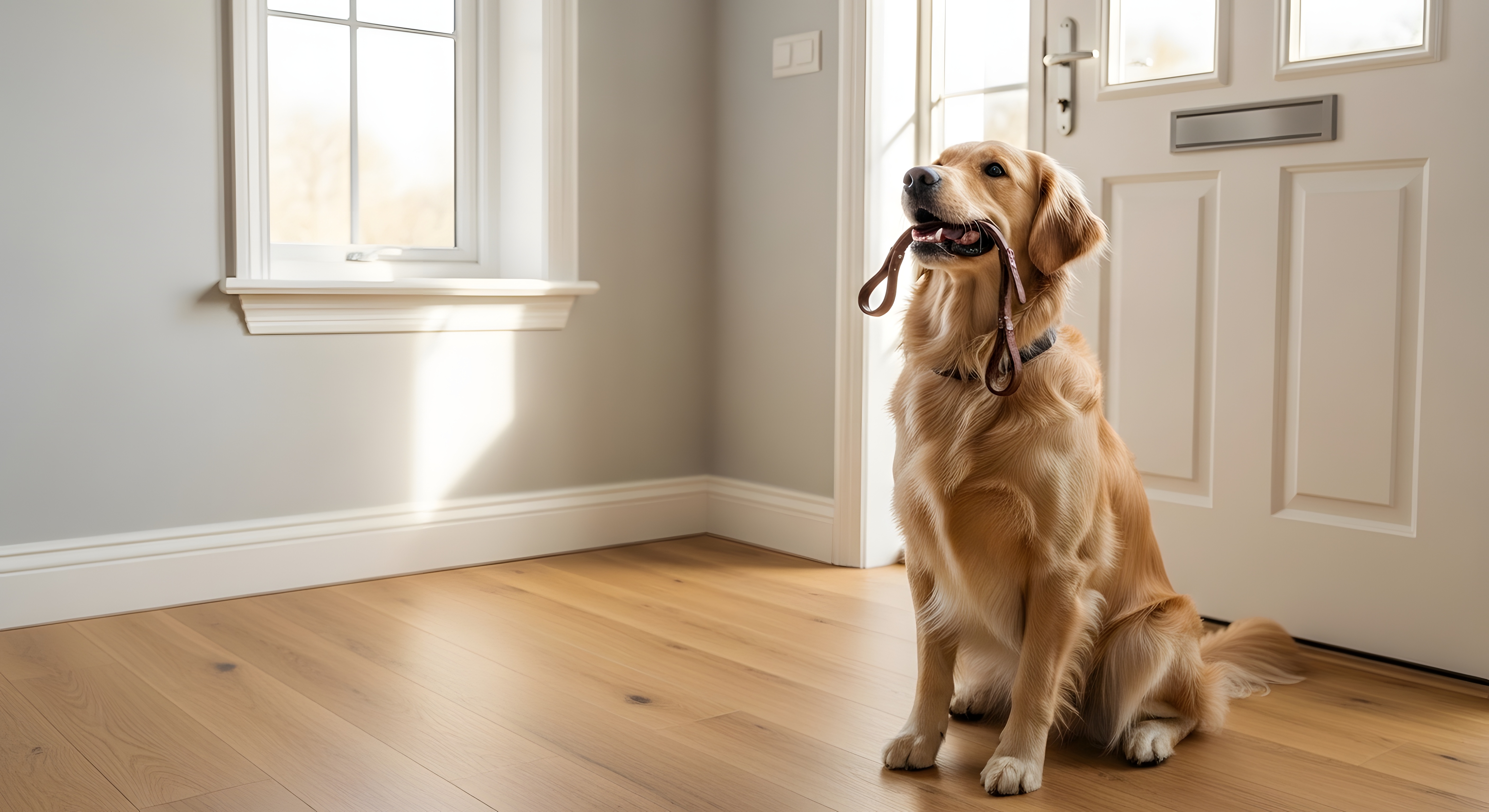 Golden retriever dog patiently sitting by front door with leash in mouth, eager for a walk, for pet daily routine concept and loyal companionship